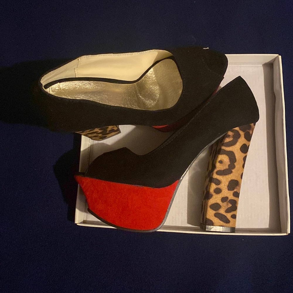 Red, black, and leopard designed Block-colored heels